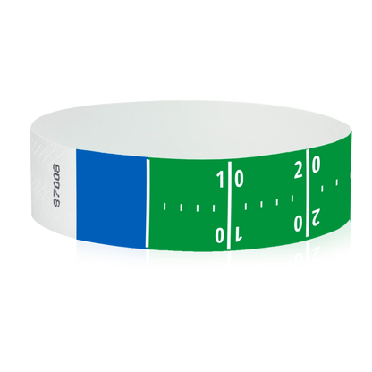 tyvek 3/4" kelly green wristband with blue borders and white football field pattern