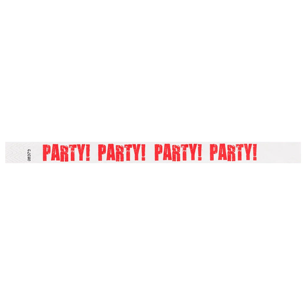 White tyvek wristband with neon red 'PARTY!' text - flat version shown
