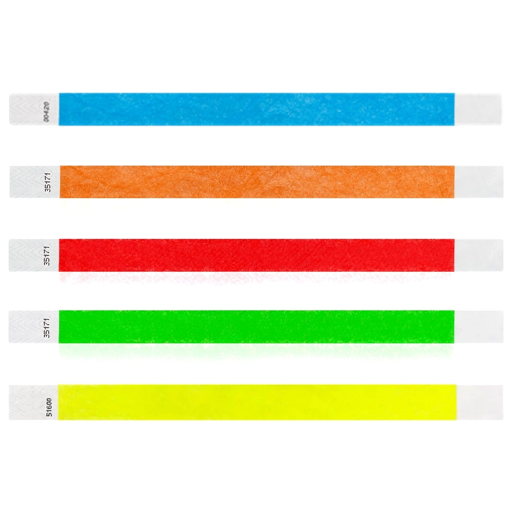 Five tyvek wristbands in different colors - neon blue, neon orange, neon red, neon yellow and neon green - shown in flat 