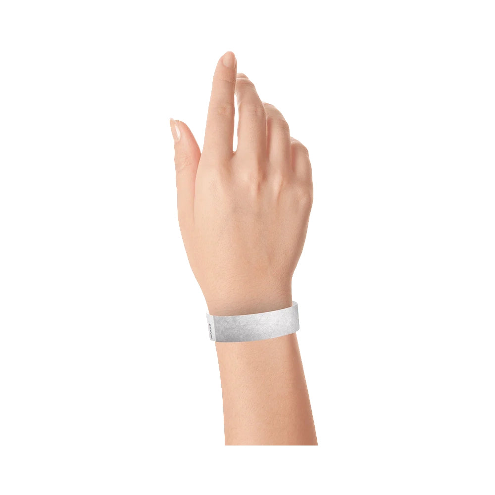 Silver solid tyvek wristband on wrist