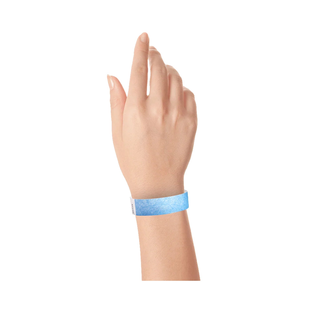 sky blue solid tyvek wristband on wrist