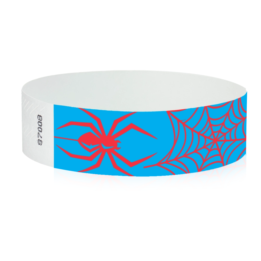 tyvek 3/4" wristbands neon blue bands with red spiders