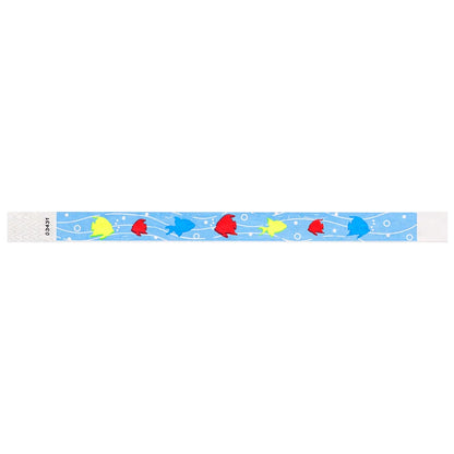 sky blue tyvek wristband with neon blue, neon red and neon yellow fish - Flat version shown