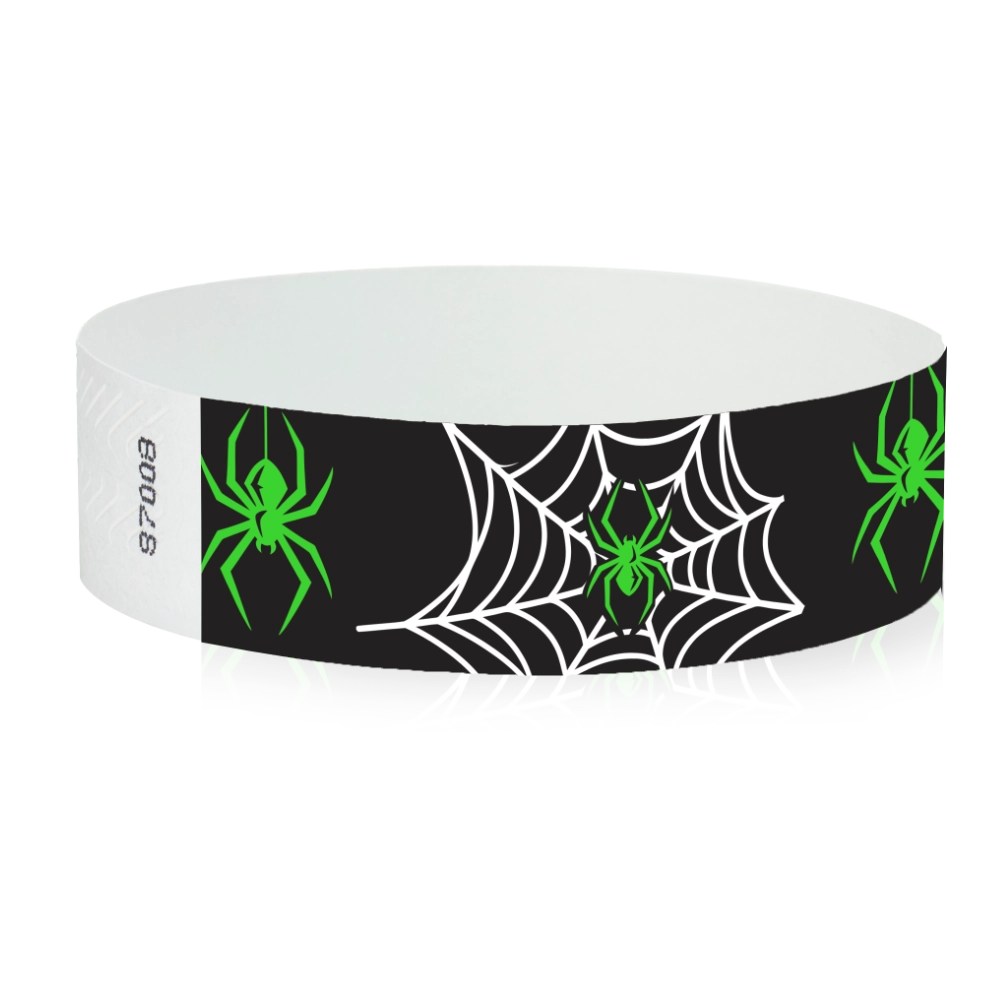 tyvek 3/4" wristbands black with white spider webs and neon green spiders