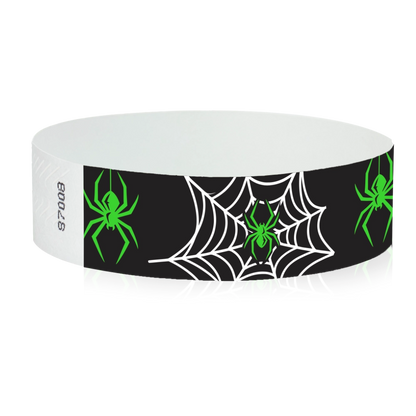 tyvek 3/4" wristbands black with white spider webs and neon green spiders