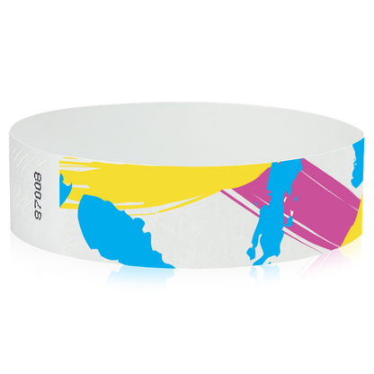 white tyvek wristband with paint stroke pattern in neon blue, neon pink and neon yellow - round version shown
