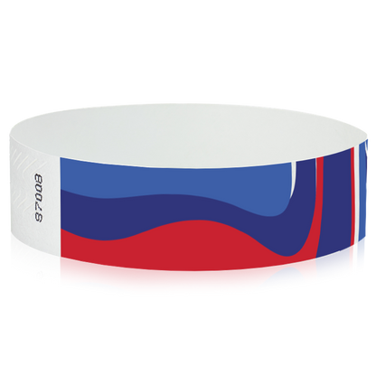 abstract pattern on a white wristband with neon red, neon blue and marine blue - round version shown