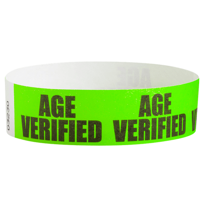 Neon Green tyvek wristband with 'AGE VERIFIED' text in black ink - round version shown