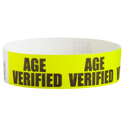Neon yellow tyvek wristband with 'AGE VERIFIED' text in black ink - round version shown