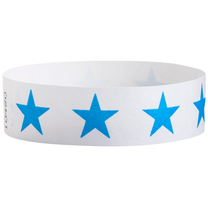 White tyvek wristband with neon blue stars - round version shown