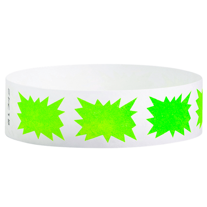 White tyvek wristband with neon green starburst pattern - round version shown