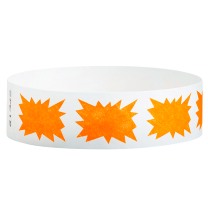White tyvek wristband with neon orange starburst pattern - round version shown