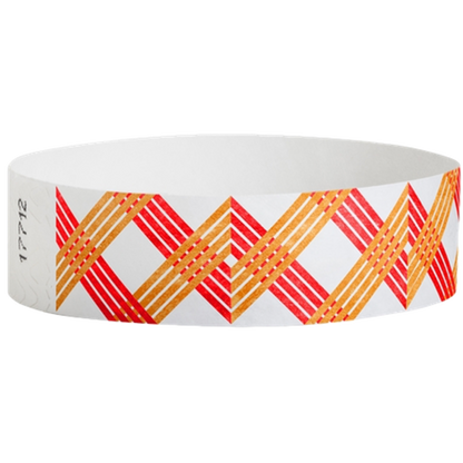 White wristband with neon red and neon orange xxx pattern - round version shown