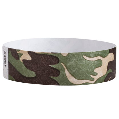 Camouflage-patterned tyvek wristband in army colours - round version shown