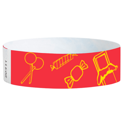 neon Red tyvek wristband with yellow candy illustrations - round version shown