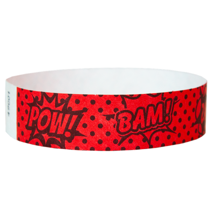 Neon Red tyvek wristband with 'POW!' and 'BAM!' text in black - round version shown