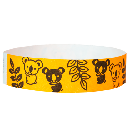 neon orange tyvek wristband with black koalas and leaves - round version shown