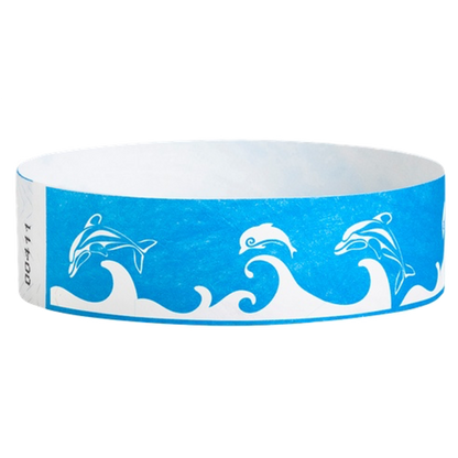 neon blue tyvek wristband with white dolphin and wave pattern - round version shown