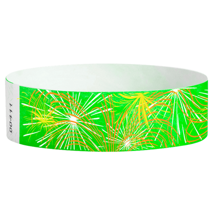 tyvek Wristband with fireworks design on a neon green background - round version shown