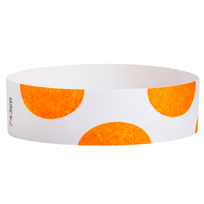 White wristband with neon orange half circles - round version shown