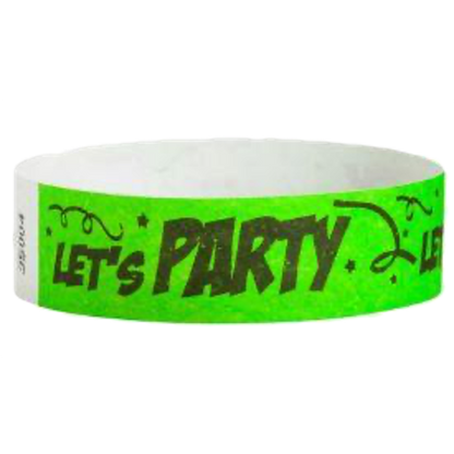 neon Green tyvek wristband with 'Let's Party' text in black - round version shown