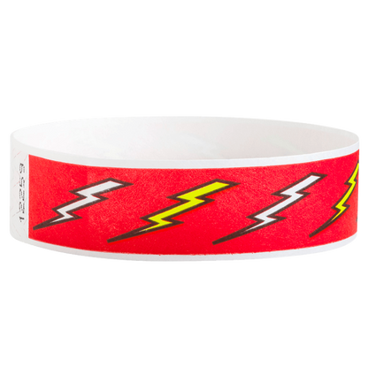 neon red tyvek wristband with white and neon yellow lightning pattern - round version shown