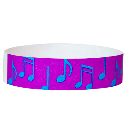 pantone purple tyvek wristband with neon blue music notes - round version shown