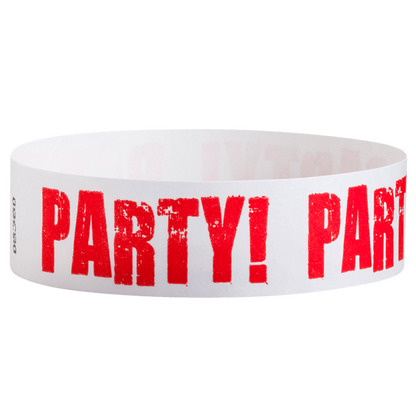 White tyvek wristband with neon red 'PARTY!' text - round version shown
