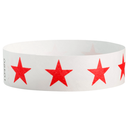 White tyvek wristband with neon red stars - round version shown
