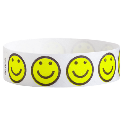 white tyvek Wristband with neon yellow smiley face designs outlined in black - round version shown
