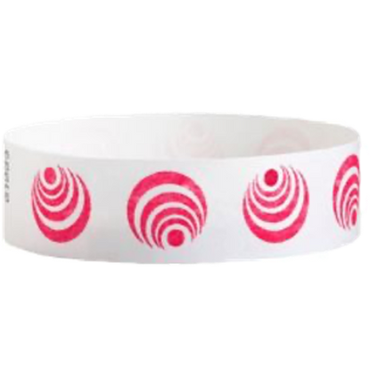 White tyvek wristband with neon red circular pattern - round version shown