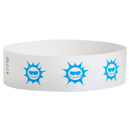 White tyvek wristband with neon blue sunface design - round version shown