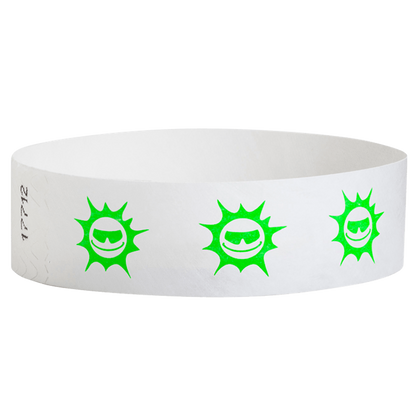 White tyvek wristband with neon green sunface design - round version shown