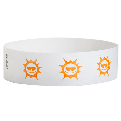 White tyvek wristband with neon orange sunface design - round version shown