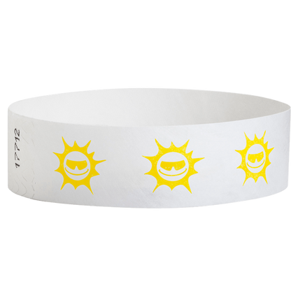 White tyvek wristband with pantone yellow sunface design - round version shown