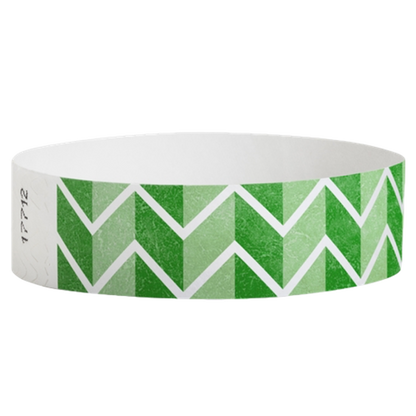Green and white chevron patterned tyvek wristband - round version shown