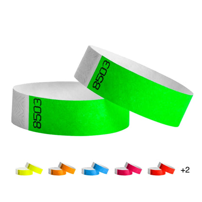 Tyvek duplicate Numbers cover - round version in neon green and five other colors under in neon yellow, neon orange, neon blue, neon pink and neon red. 
