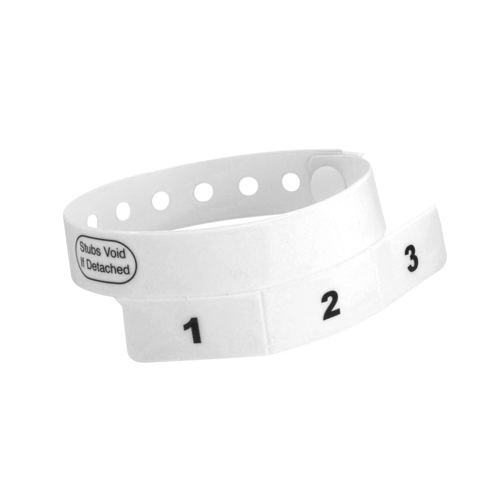 vinyl wristband with 3 tab in white - round version shown 