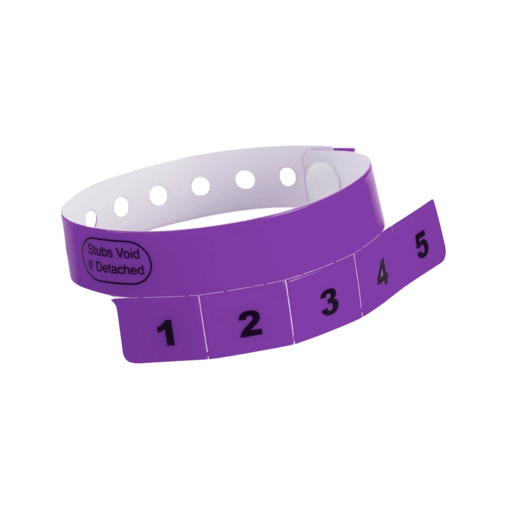 vinyl wristband with 5 tabs in purple - shown in round 