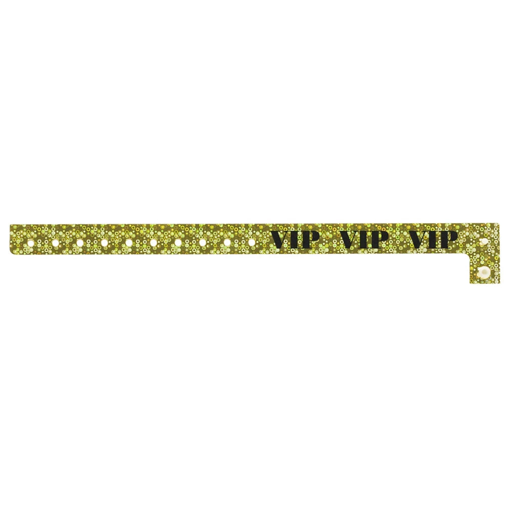 gold holographic wristband with text "VIP" printed in black across the band - shown in flat 