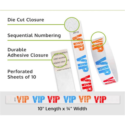 vip tyvek wristband detail product page showing the die cut adhesive closure, sequential numbering, perforated sheets of 10 and the dimensions.