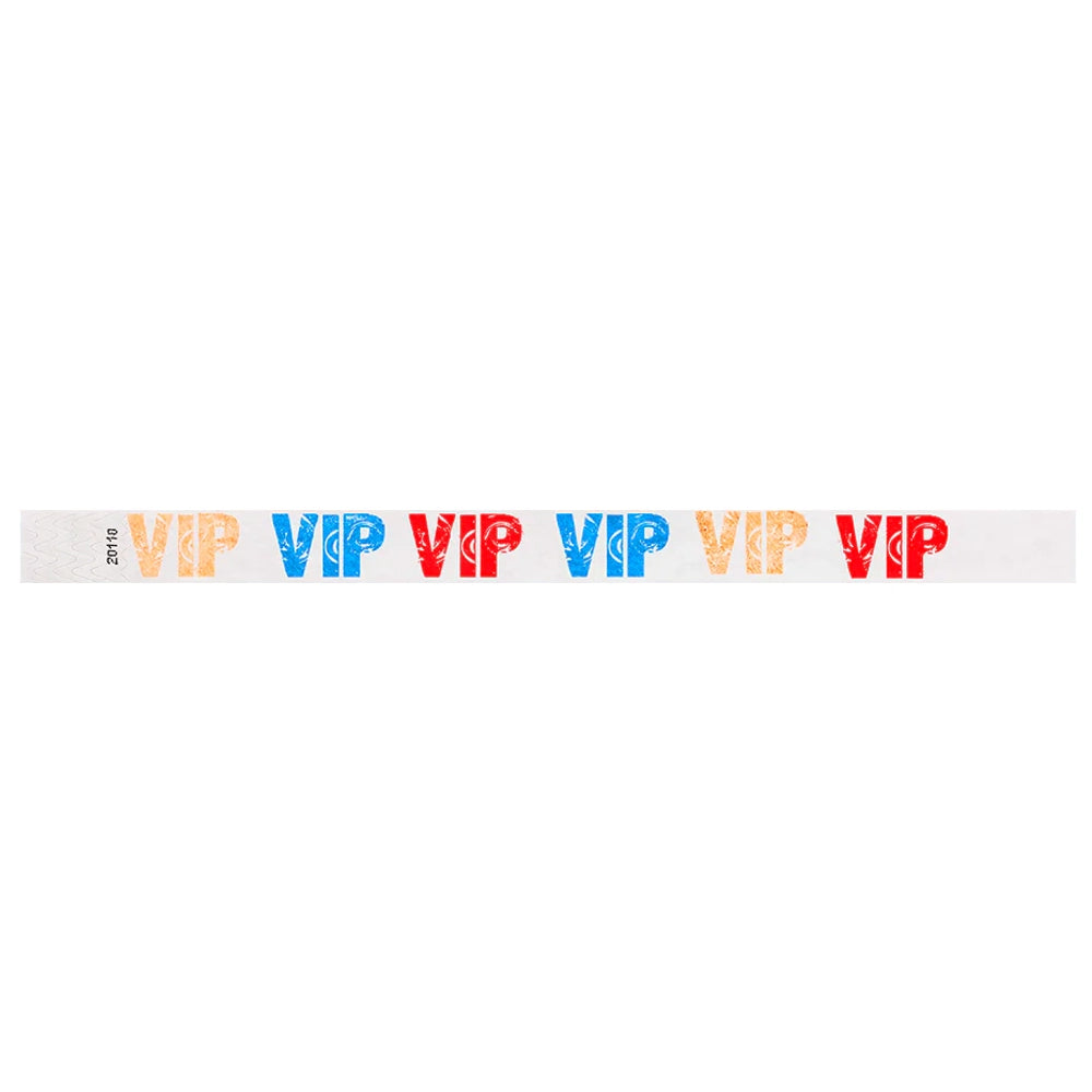 White wristband with colorful 'VIP' text in neon orange, neon blue and neon red colours - flat version shown