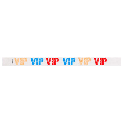 White wristband with colorful 'VIP' text in neon orange, neon blue and neon red colours - flat version shown