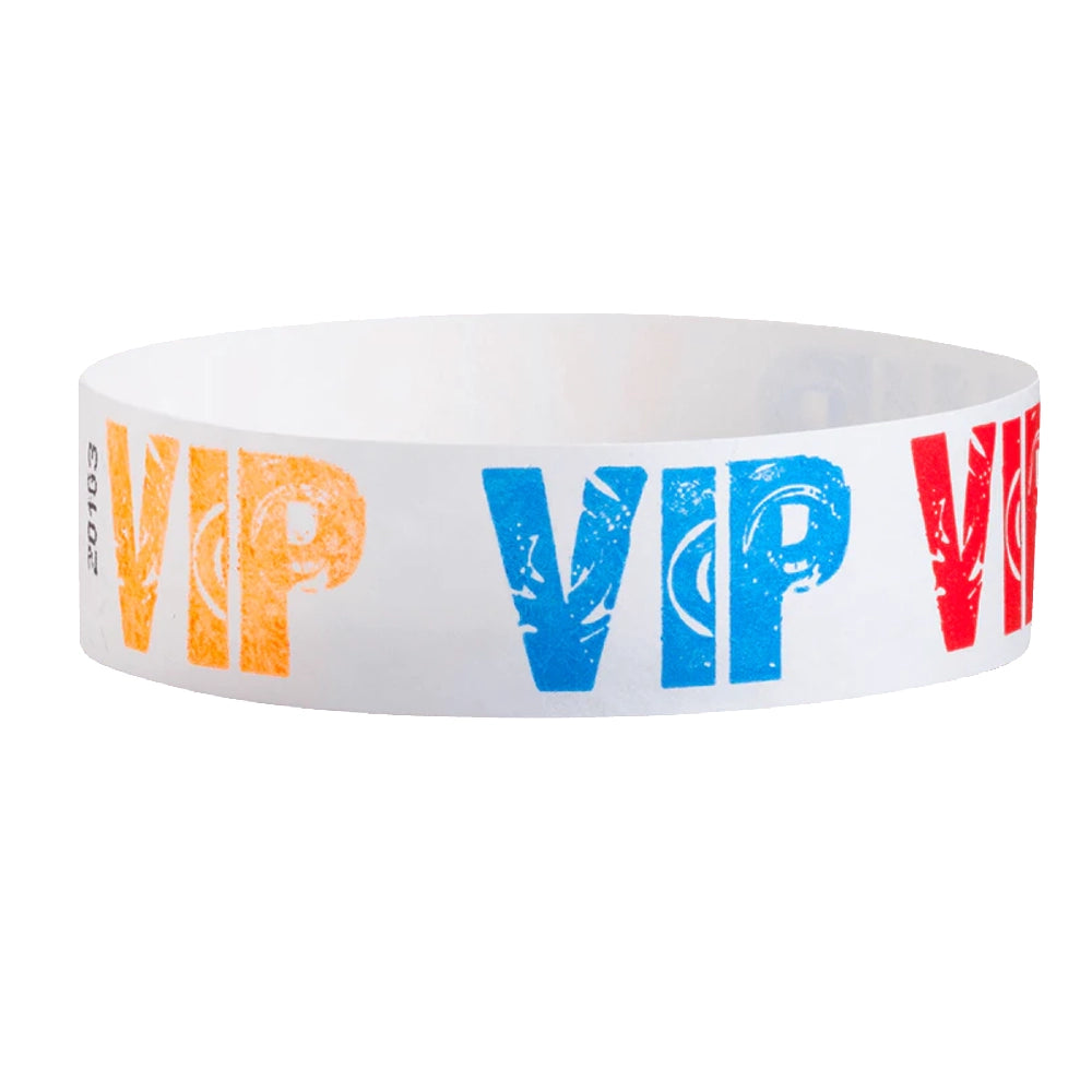 White wristband with colorful 'VIP' text in neon orange, neon blue and neon red colours - round version shown