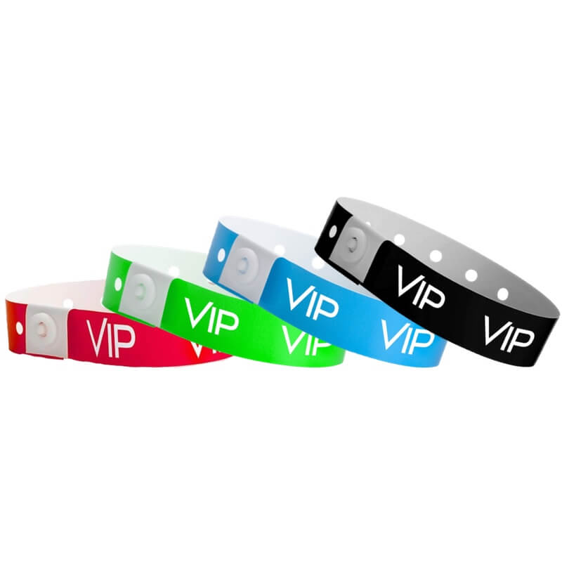 VIP plastic wristbands shown in red, neon green, neon blue and black