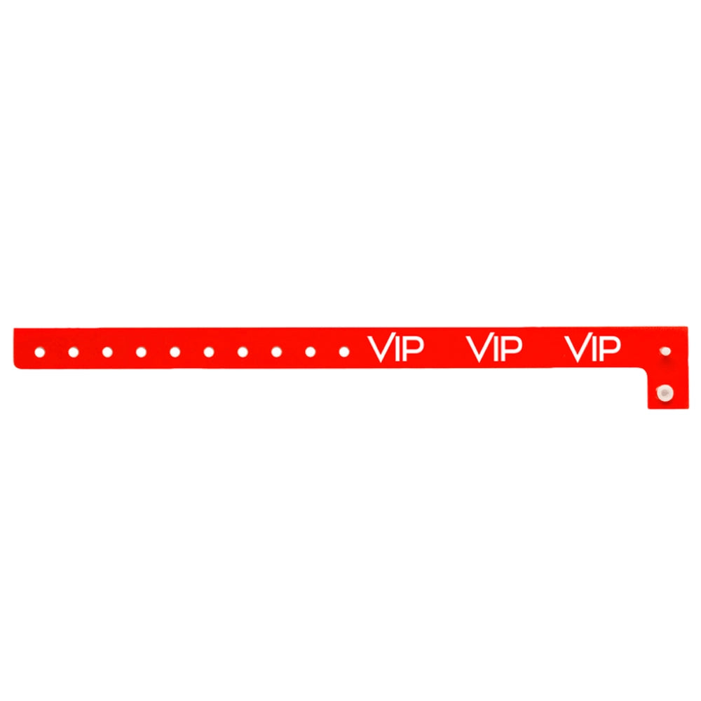 red plastic wristband with text "VIP" printed in white across the wristband - shown in flat 