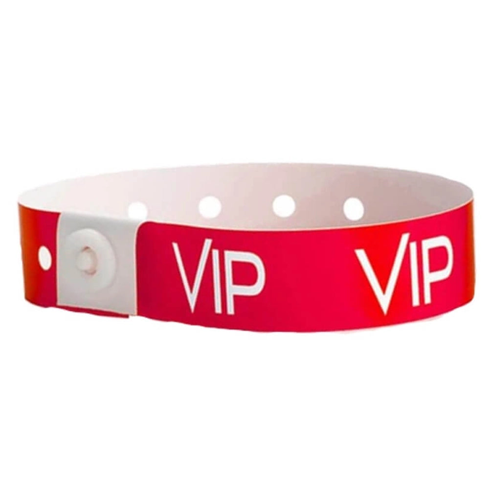 red plastic wristband with text "VIP" printed in white across the wristband - shown in round