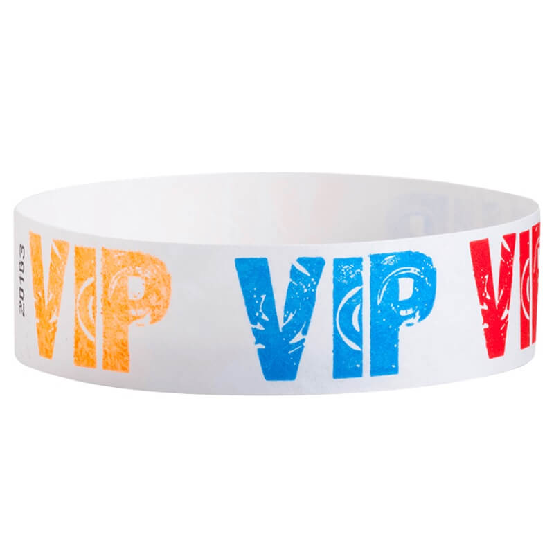 White wristband with colorful 'VIP' text in neon orange, neon blue and neon red colours - round version shown