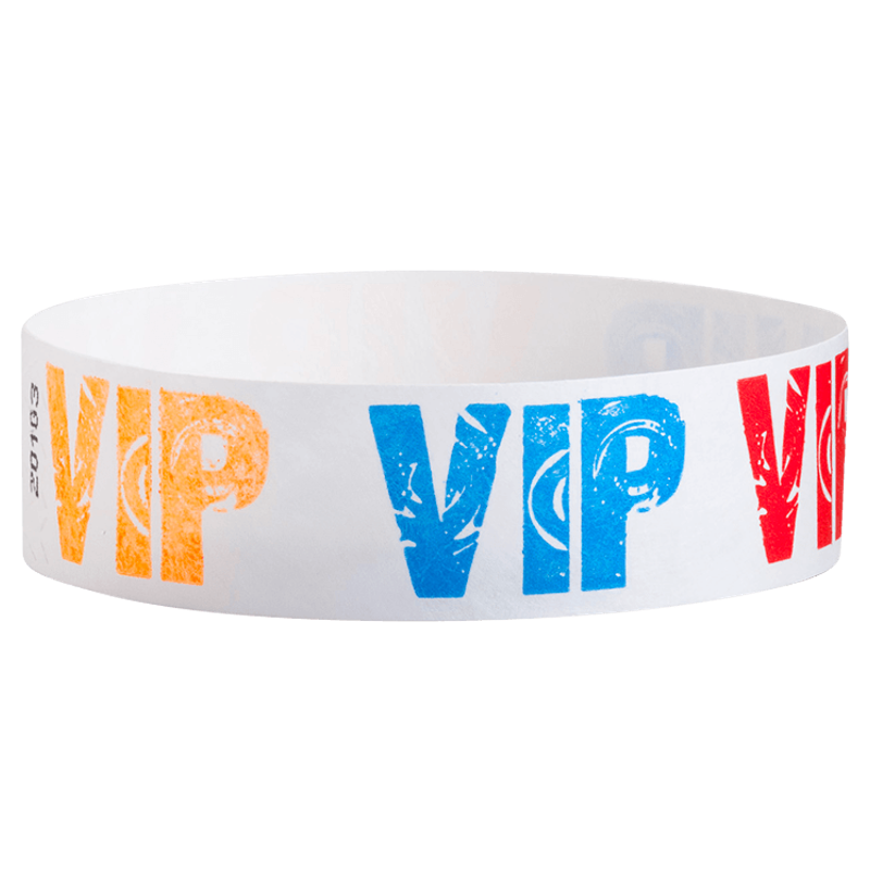 White wristband with colourful 'VIP' text in Neon blue, neon orange and neon red