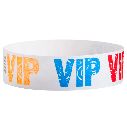 White wristband with colorful 'VIP' text in neon orange, neon blue and neon red colours - round version shown